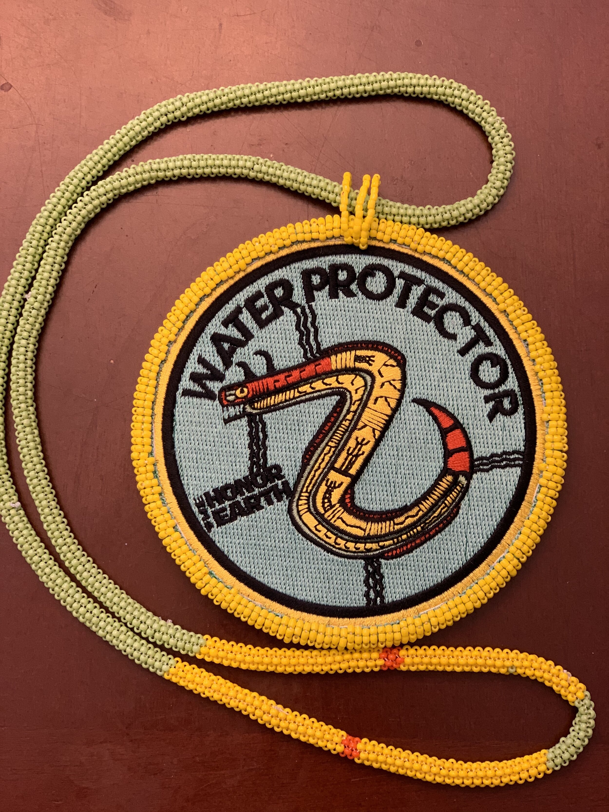 Defeating the Black Snake Water Protector Authentic Native Custom Beaded Medallion (Yellow #6)